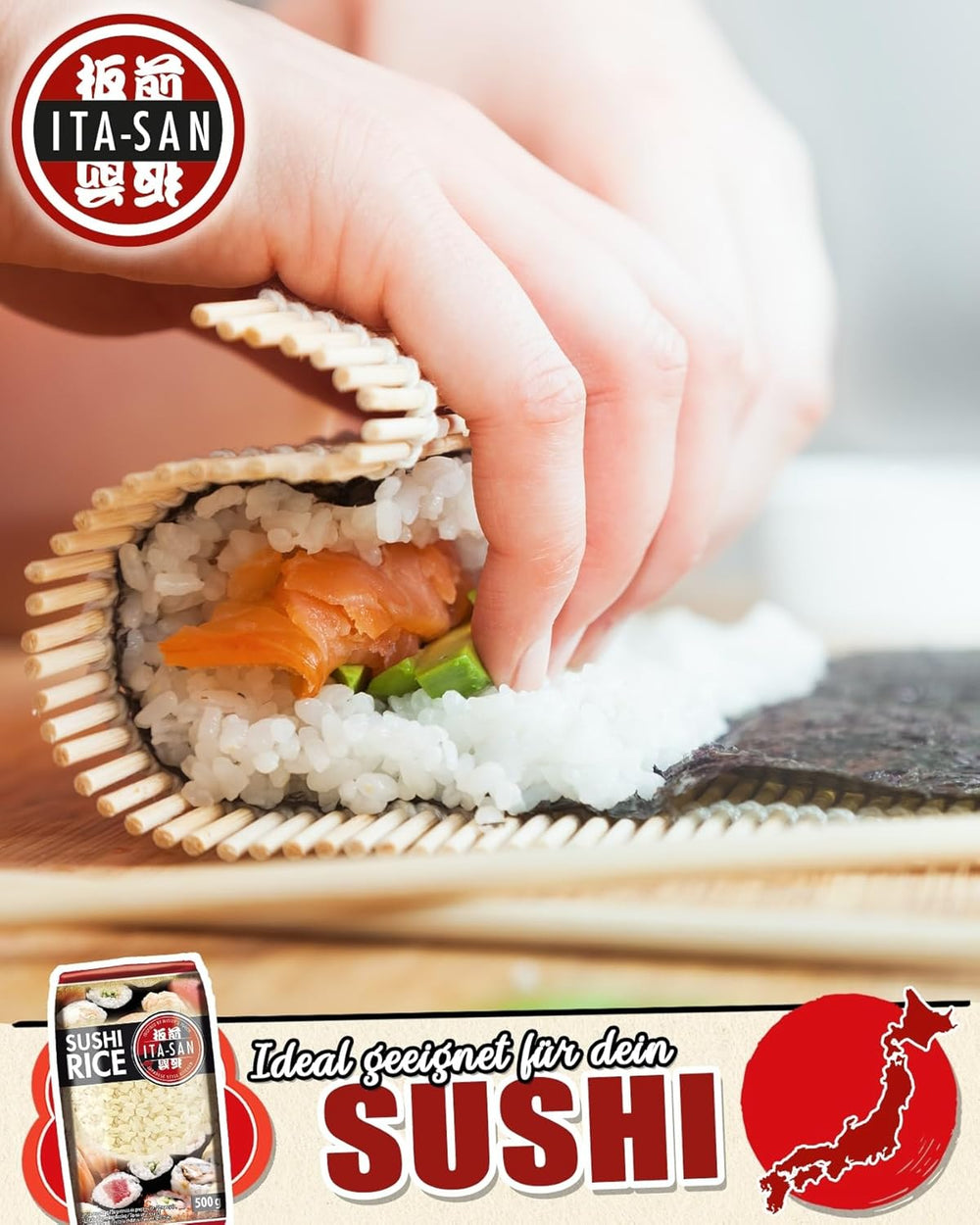 ITA-SAN sushi rizs, kerek szemű, kiváló minőségű, 100%-ban tiszta fajta, gyorsan és egyszerűen elkészíthető, vegán, halal, gluténmentes (1 x 500 g)