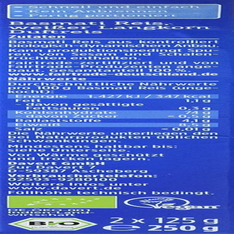 Davert bio Basmati rizs főzőtasakokban, 2 zacskó, 250g