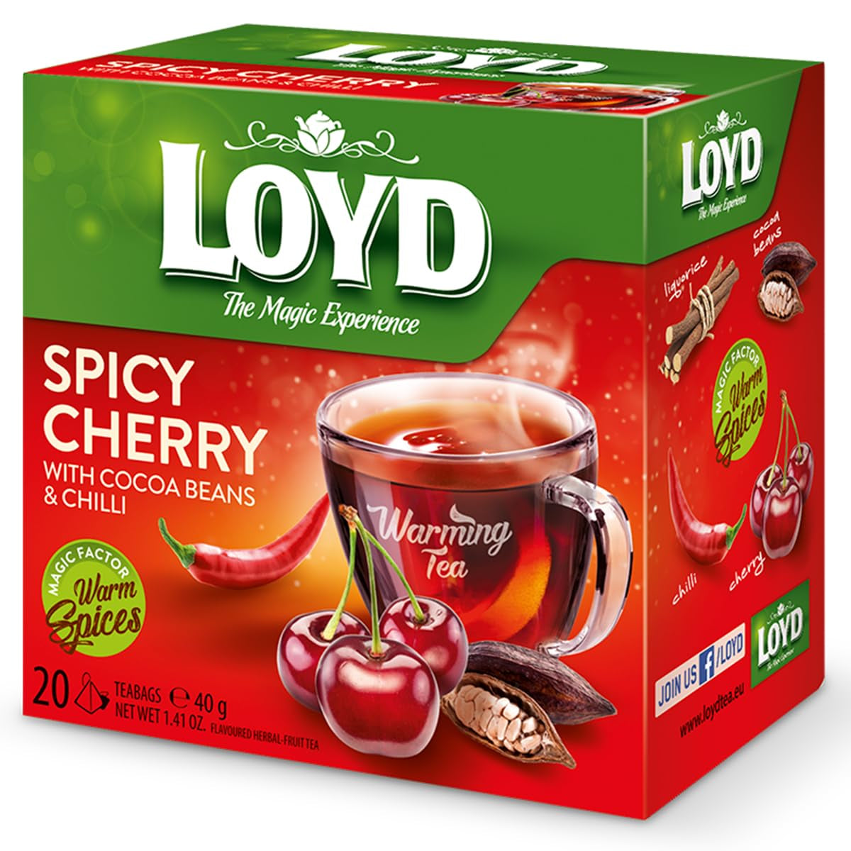 LOYD - Ceai încălzitor cu zmeură, scorțișoară și piper negru - 20 pliculețe piramidale - Ceai de iarnă cu zmeură și un praf de piper - Dulce, cu o notă picantă - Warming Tea Raspberry, Cinnamon & Black Pepper - 40 g