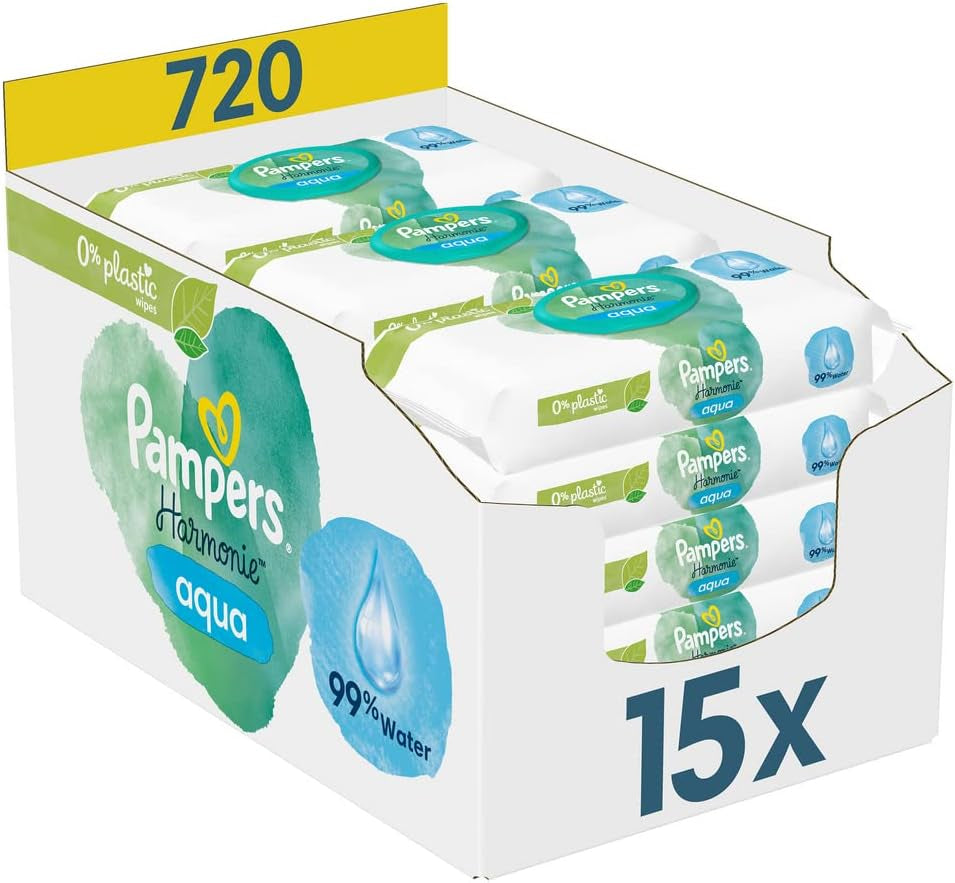 2320 Plus 2017 utántöltő doboz (6 csomag) és Pampers Harmony Aqua Baby nedves törlőkendő doboz, 720 törlőkendő (15 x 48), gyengéd bőrvédelem 99% vízzel