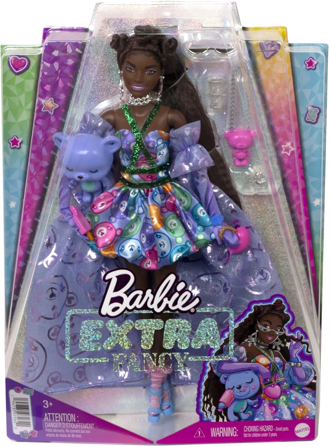 Barbie Extra Fancy, Langen schwarzen Haaren & Teddykleid, Sonnenbrille, Schmuck, Handschuhe, Geldbörse, High Heels, Bär mit EIS am Stiel, inkl. Barbiepuppe, als Geschenk geeignet,HHN13