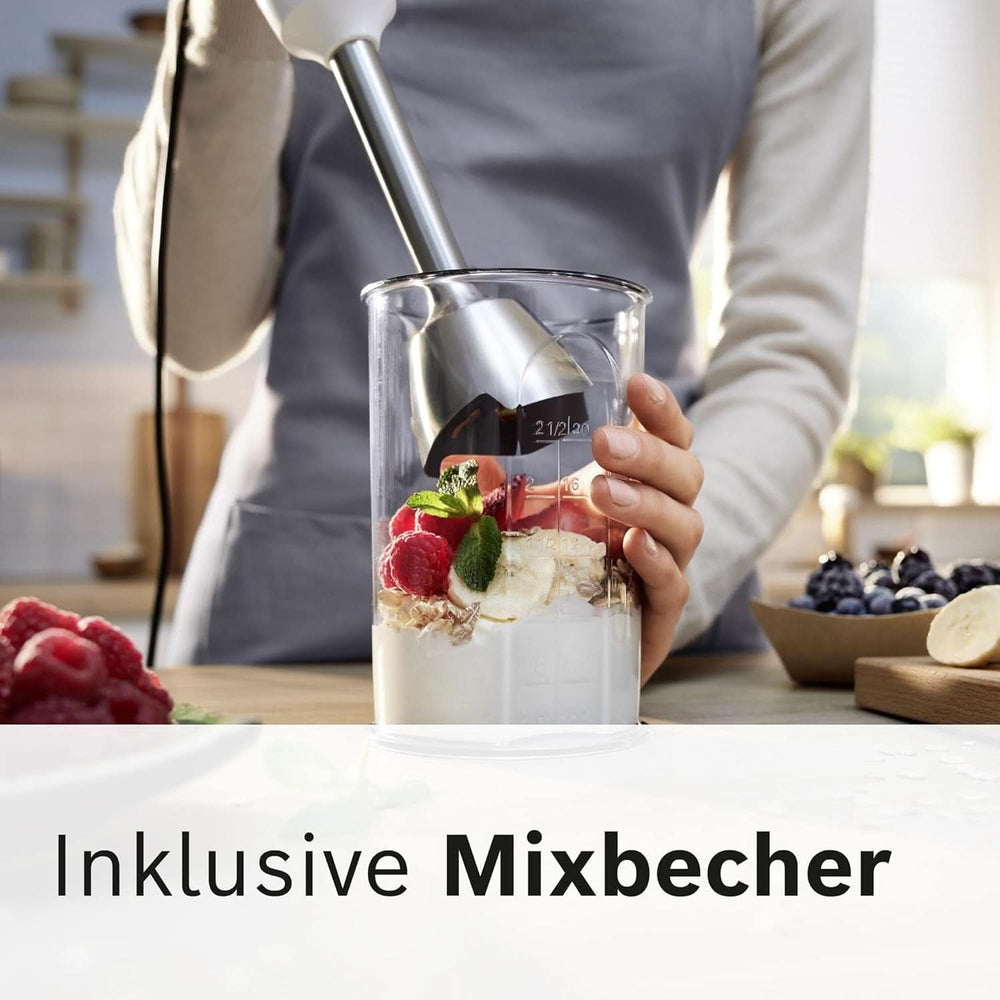 Bosch Stabmixer Ergomaster Serie 4 MSM4W210, Einhändig Bedienbar, Edelstahl-Klingen, Verschleißfreie Keramik-Kupplung, Mixbecher, Quattroblade, Antisplash Funktion, Einschaltsperre, 600 W, Weiß Nather és Chilß Mother and