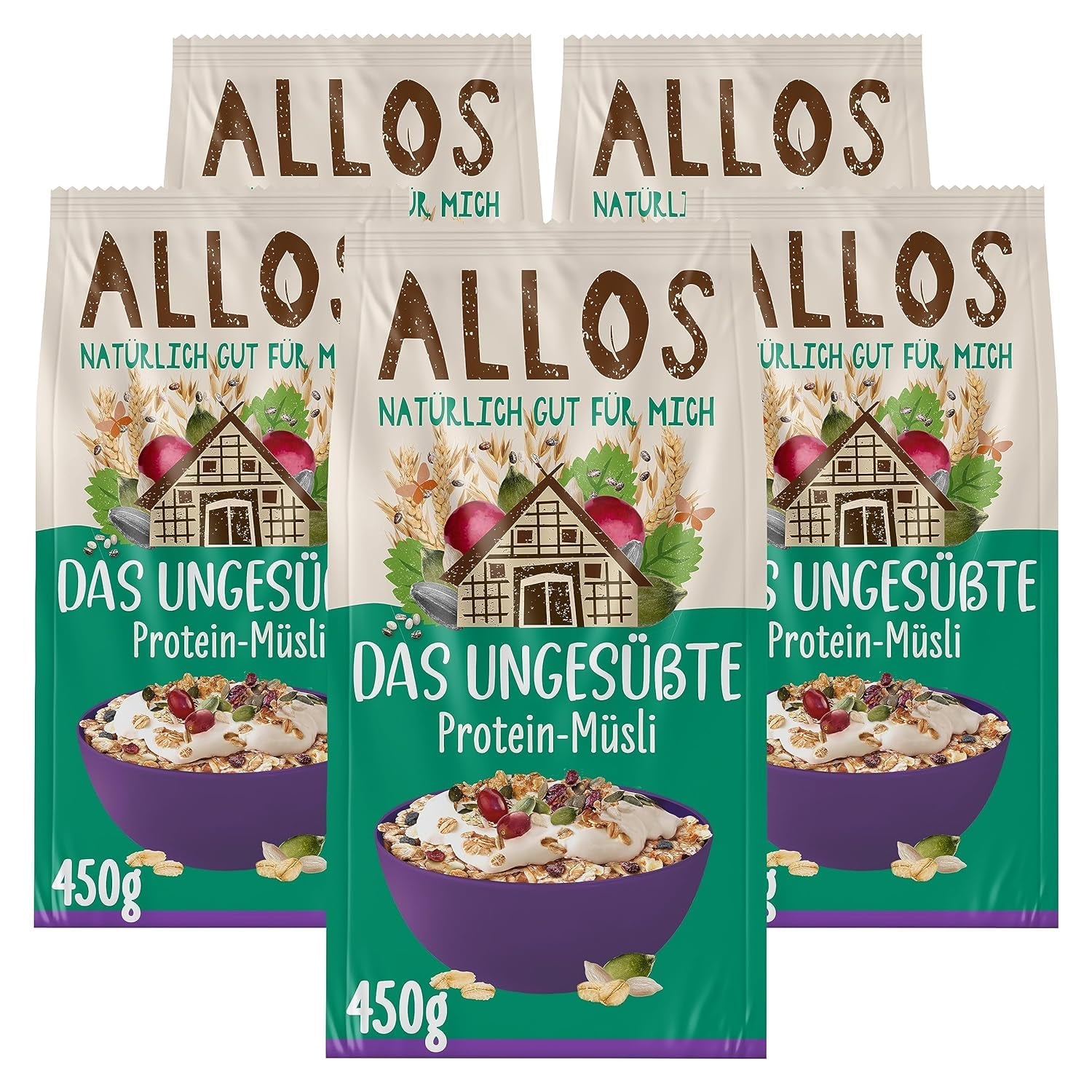 Allos cukrozatlan protein müzli | Bio müzli | Zabpehely | Gabonafélék reggelire | Vegán (5 x 450 g), 1 db (5 db-os csomag)