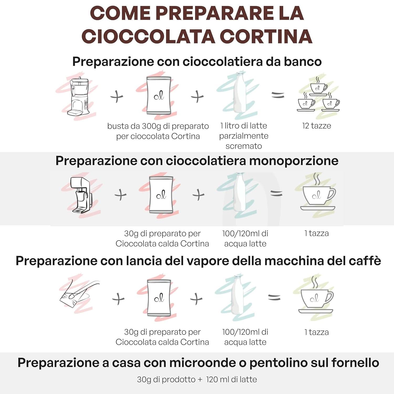 Olasz forró csokoládé Cortina CLASSIC ízű - (15 X 30 g) Egy adag, boríték, 450 g kakaó és forró csokoládé Naty Shop