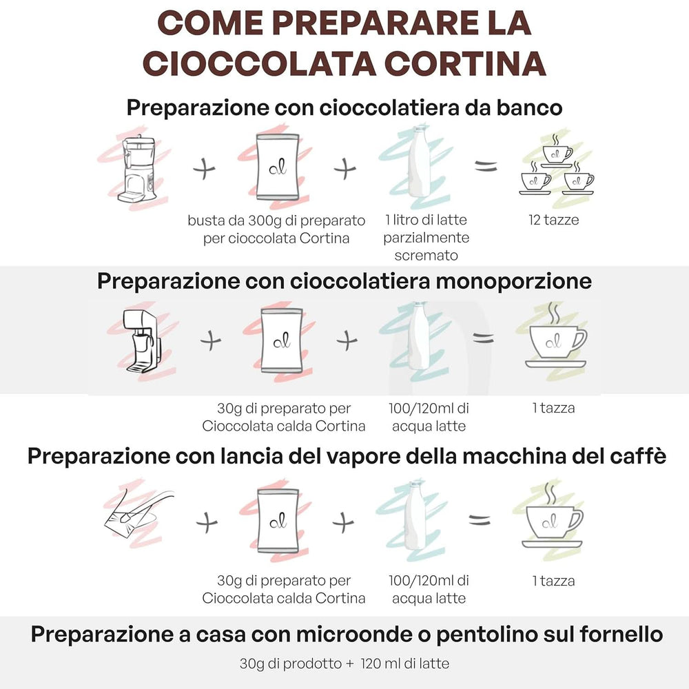 Olasz forró csokoládé Cortina CLASSIC ízű - (15 X 30 g) Egy adag, boríték, 450 g kakaó és forró csokoládé Naty Shop