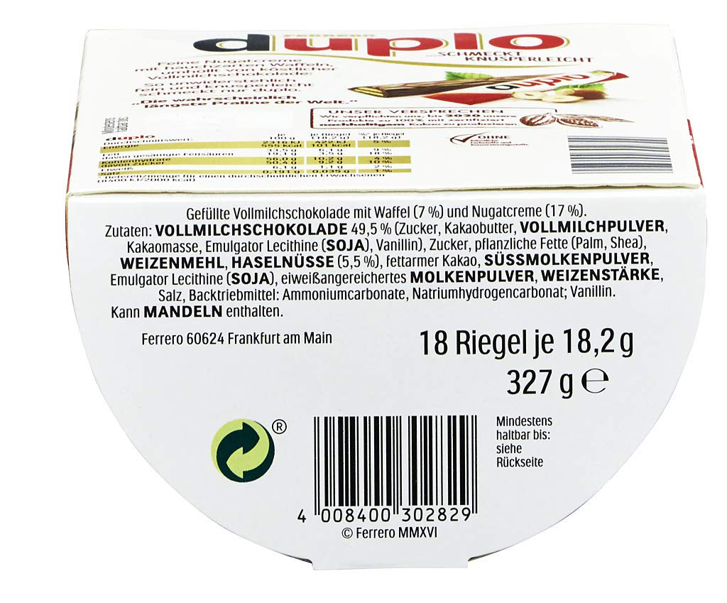 Ferrero duplo nagy csomag - Csokoládészeletek finom nugátkrémmel, ropogós ostyával és finom tejcsokoládéval - Farsangi és Mardi Gras édességek - 15 csomag, 18 darab, külön-külön csomagolva