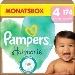 Pampers Harmony pelenkák 4-es méretű, 174-es pelenkák, 9 kg-14 kg, gyengéd bőrvédelem 100% Pampers védelemmel