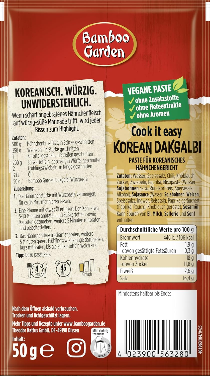 Bamboo Garden - koreai Dakgalbi Würzpaste | Zum Marinieren von Hühnchen, Gemüse und Tofu | 4 adaghoz | Vegán, természetes összetevők | 50 g zacskóban