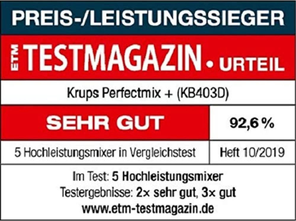 Krups KB403D Perfectmix + Hochleistungsstandmixer | 1200W | 28 000 RPM | 2L Glasbehälter | 3 előre beállított programok | Powelix- Technologie | Edelstahl/Dunkelgrau Kitchen Naty Shop