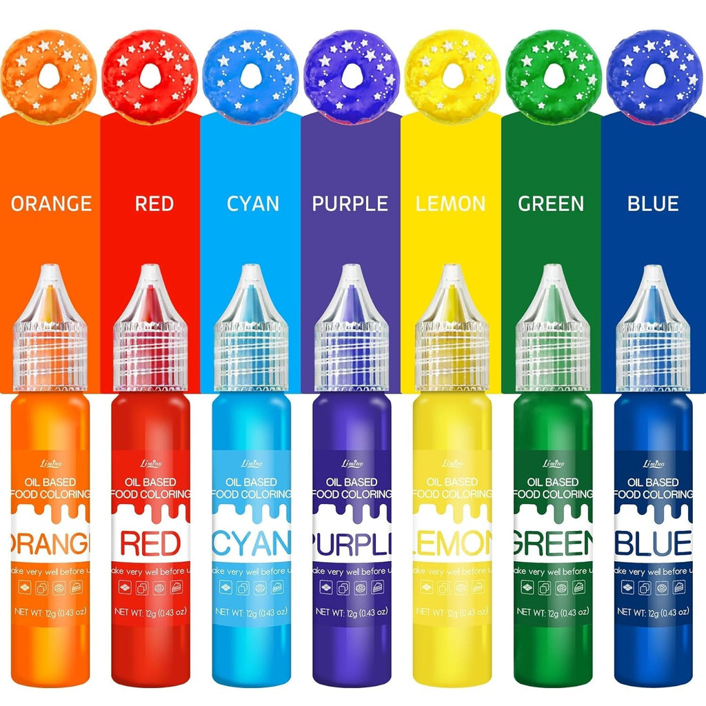 Colorant alimentar liposolubil - Colorant alimentar pe bază de ulei în culorile curcubeului pentru ciocolată, dulciuri, prăjituri, copt - Colorant alimentar concentrat pentru decorarea torturilor, cremă de unt, fondant - 12g fiecare