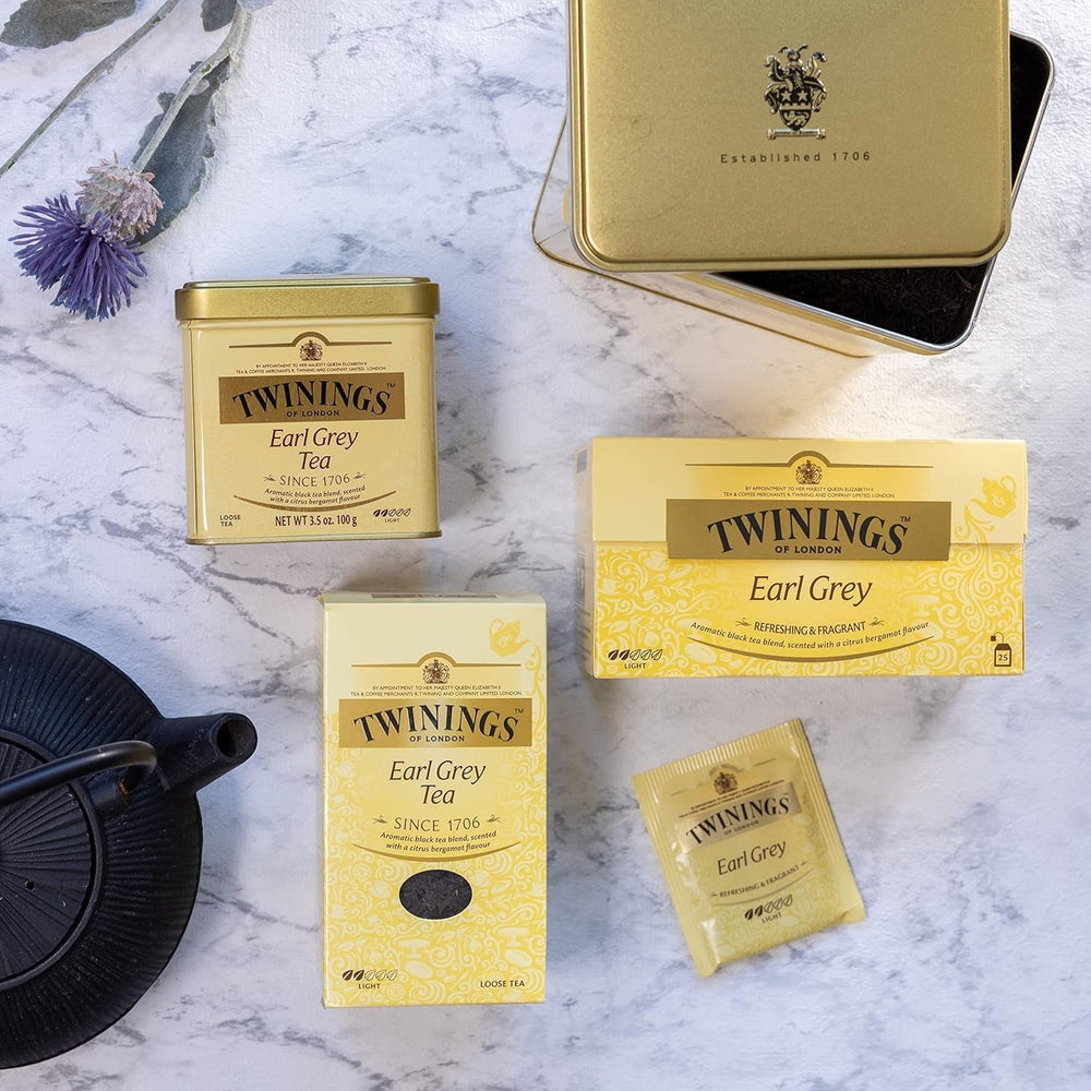 Twinings Earl Grey - Ceai negru în pliculețe, rafinat cu aromă de bergamotă - Ceai negru răcoritor din China, 25 pliculețe (50 g) (pachet cu 4)