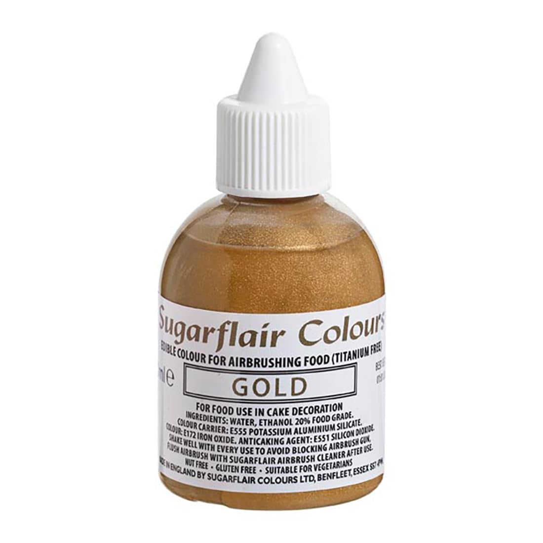 Colorant alimentar comestibil Sugarflair Gold, colorant aerograf pentru torturi, brioșe, glazură și decorațiuni pentru torturi - 60 ml