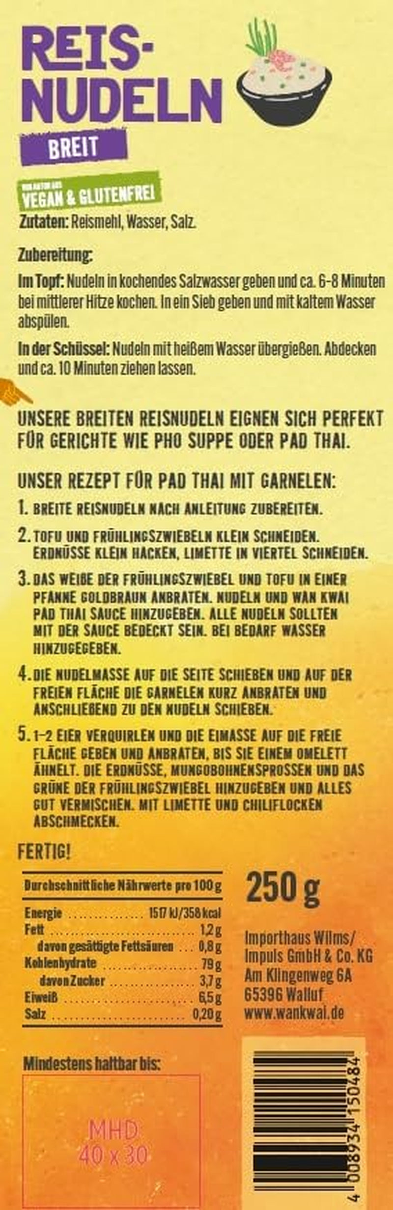 Wan Kwai széles rizstészta 250 g – Autentikus fajta Pad Thaihoz, levesekhez és sok máshoz. Vegán és gluténmentes. 8 perc alatt kész.