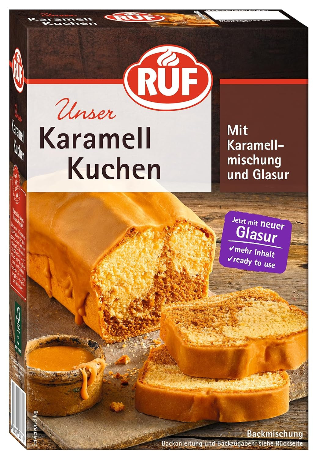 RUF Nusskuchen, Backmischung Mit Schneller Und Einfacher Zubereitung, Nussig Und Locker Mit Glasur, Als Grundlage Für Rüblikuchen, Vegan, 1 X 520G Naty Shop 535 G (1Er Pack) Karamellkuchen