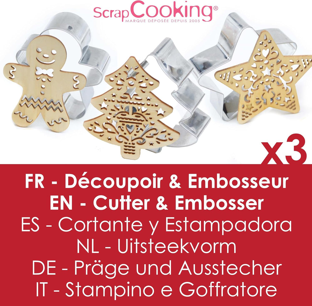 Set de copt SCRAP COOKING 2093 cu tăietor de pisici din oțel inoxidabil și aparat de vafe din lemn, potrivit pentru contactul cu alimentele, Crăciun