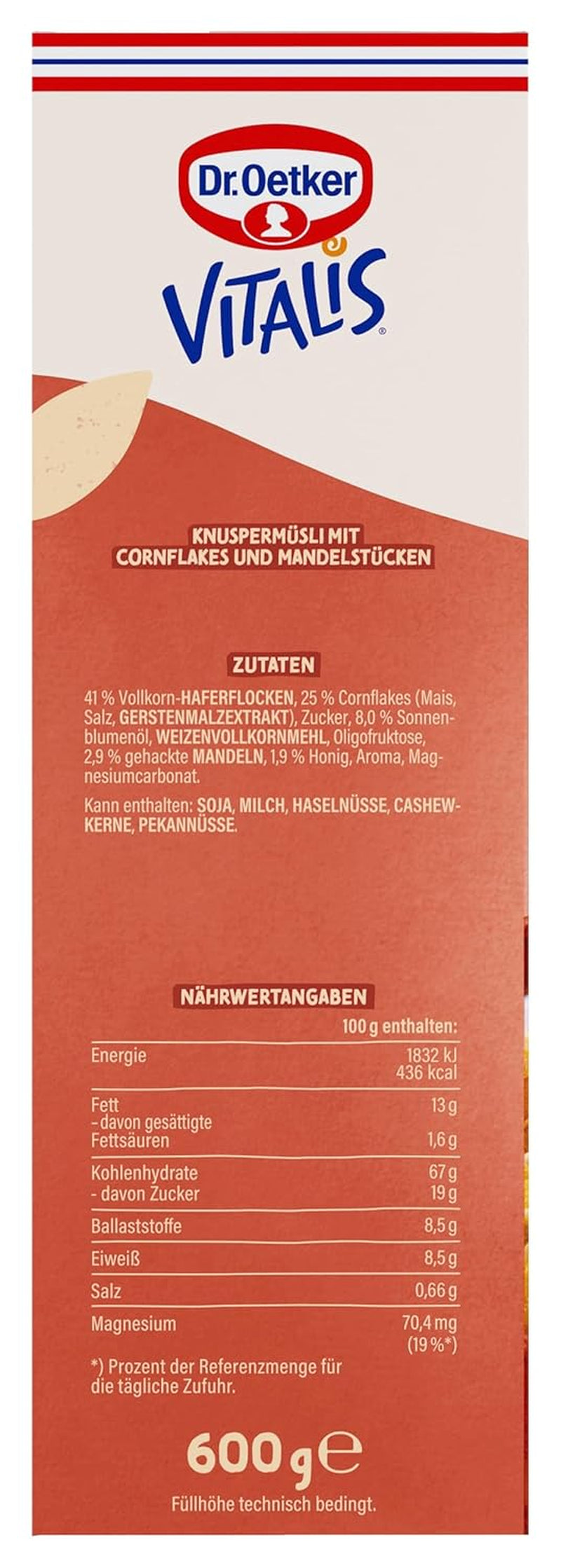 Dr. Oetker Vitalis Crunchy Flakes: Ropogós müzli kukoricapehellyel és manduladarabokkal, 5 db (5 x 600g) csomag