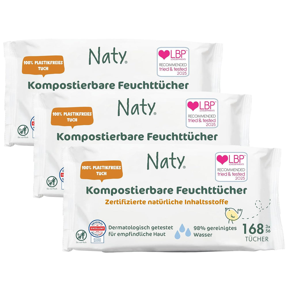 Naty Baby Wipes | 100%-ban gyógynövény- és illatanyagmentes érzékeny bőrre | Műanyagmentes és minősített komposztálható törlőkendők 98%-ban tisztított vízzel | 672 törlőkendő (12 csomag)