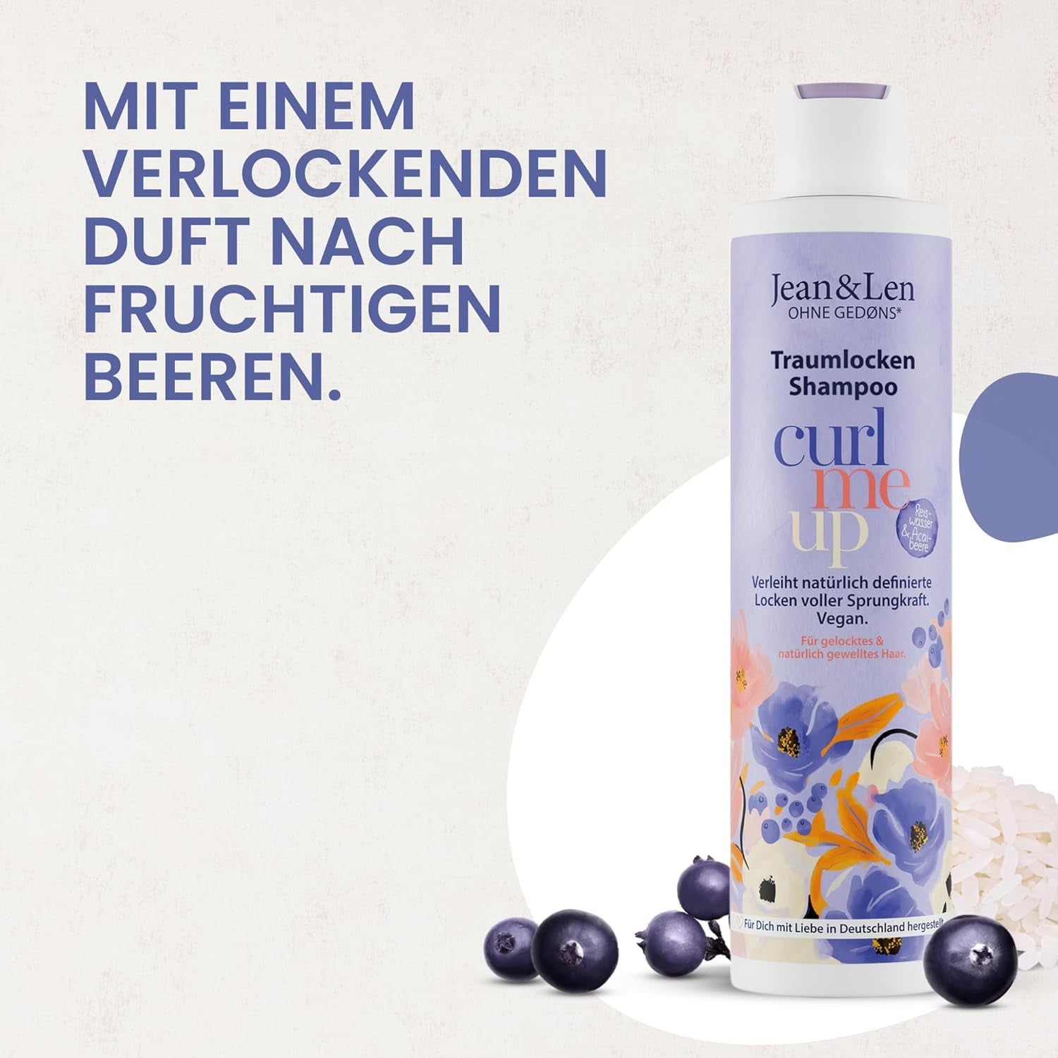 Jean & Len Dream Curls Shampoo Rice Water & Açai Berry, pentru păr creț și ondulat, 300 ml Jean & Len
