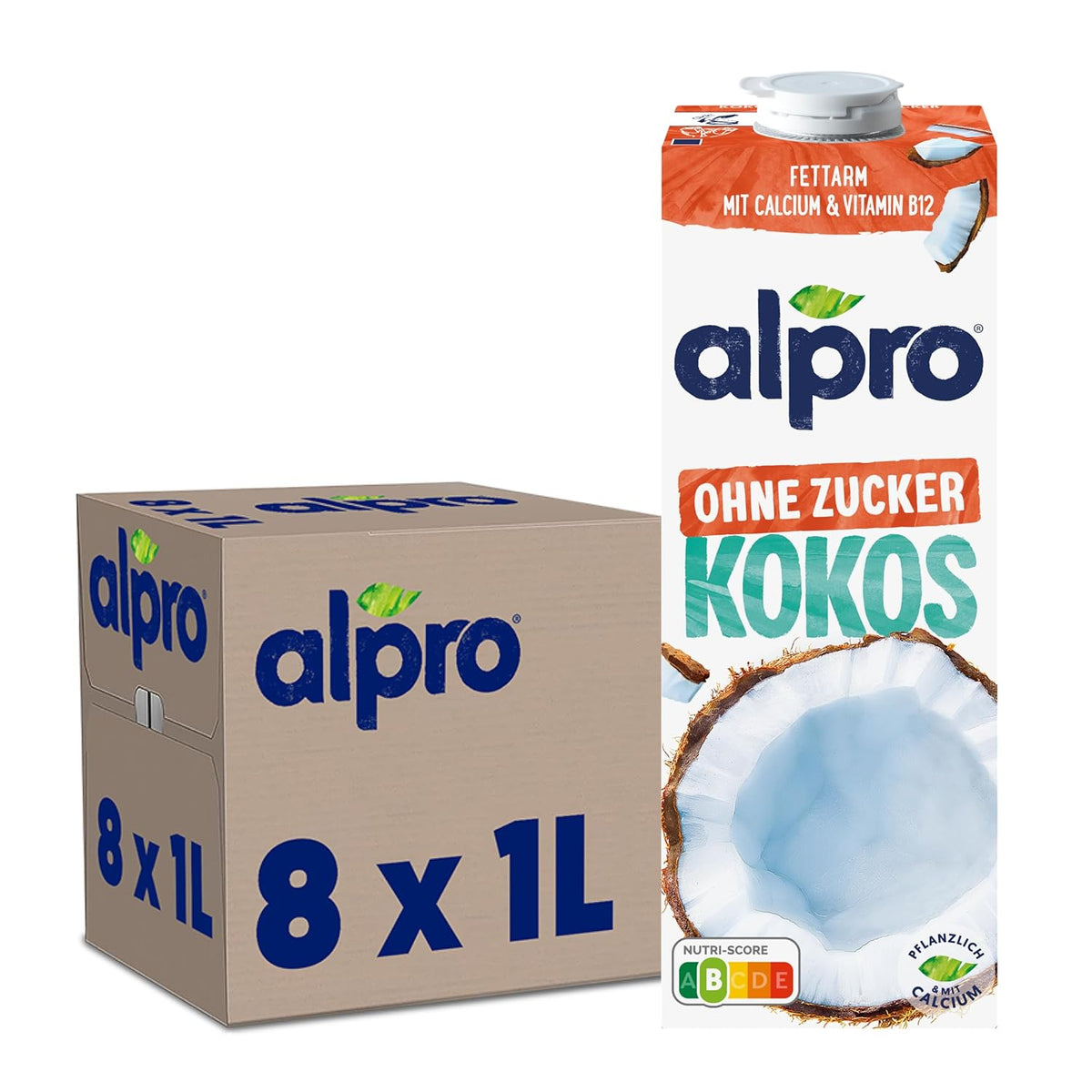 Alpro Kokosnussdrink ohne Zucker – Ohne Süßstoffe – Vegán és tejföl – Von Natur aus lactosefrei und fettarm – Gazdag kalcium és vitamin – 8 x 1 L