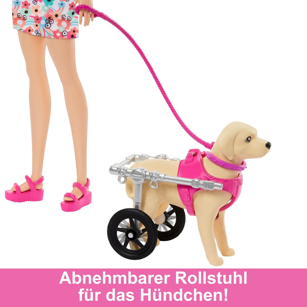 Păpușa Barbie Dog Duo și accesorii, inclusiv cățeluș și câine mare cu scaun cu rotile, lesă, bol cu hrană, pat pentru animale și recompense cu oase, pentru copii cu vârsta de 3 ani și peste, HTK37