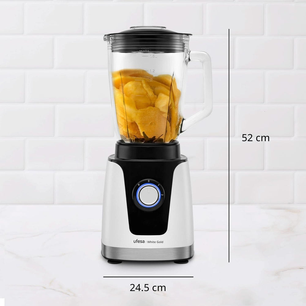 Ufesa White Gold Standmixer, 1500W Leistung, 1,5L Glaskrug, Geschwindigkeitsregler Mit Led-Licht, Ice Crusher, 6 Herausnehmbare Edelstahlklingen, 2 Geschwindigkeiten + TURBO Mama si Copilul Naty Shop