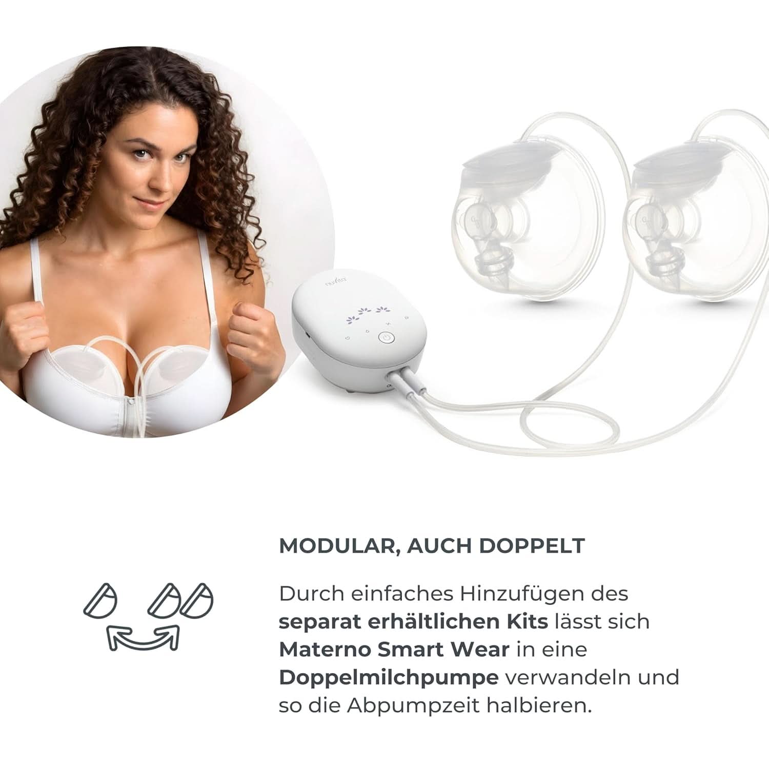 Nuvita Materno Smart Wear 1287W - Kihangosítható hordozható elektromos mellszívó - 3 fázisú technológia, testreszabható, hordozható, dupla mellszívó átalakító készlet elérhető Tartozékok Étel és szoptatás Bebe Naty Shop