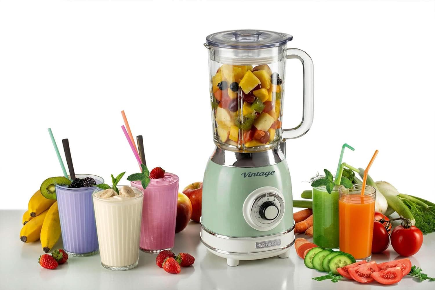 Ariete Vintage 583 Mixer Aus Glas, Retro Multifunknsmixer Mit 4 Klingen, 4 Geschwindigkeiten + Pulse-Funktion, Ice-Crusher Funktion, 1,5 liter Fassungsvermögen, 1000 W, Green Kitchen Naty Shop