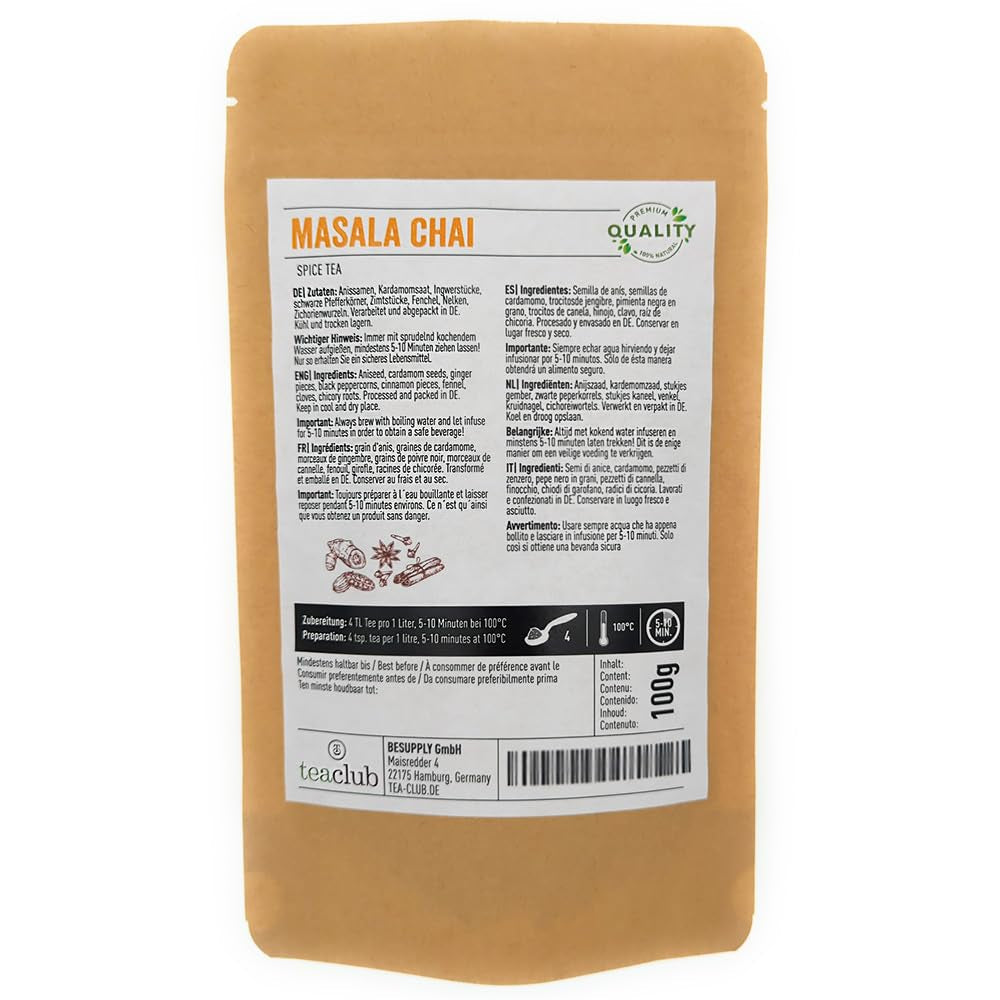 Masala Chai ceai amestec de condimente 100 g, condimente indiene pentru ceai chai sau chai latte, 100% natural, fără aromă, Teaclub Tea
