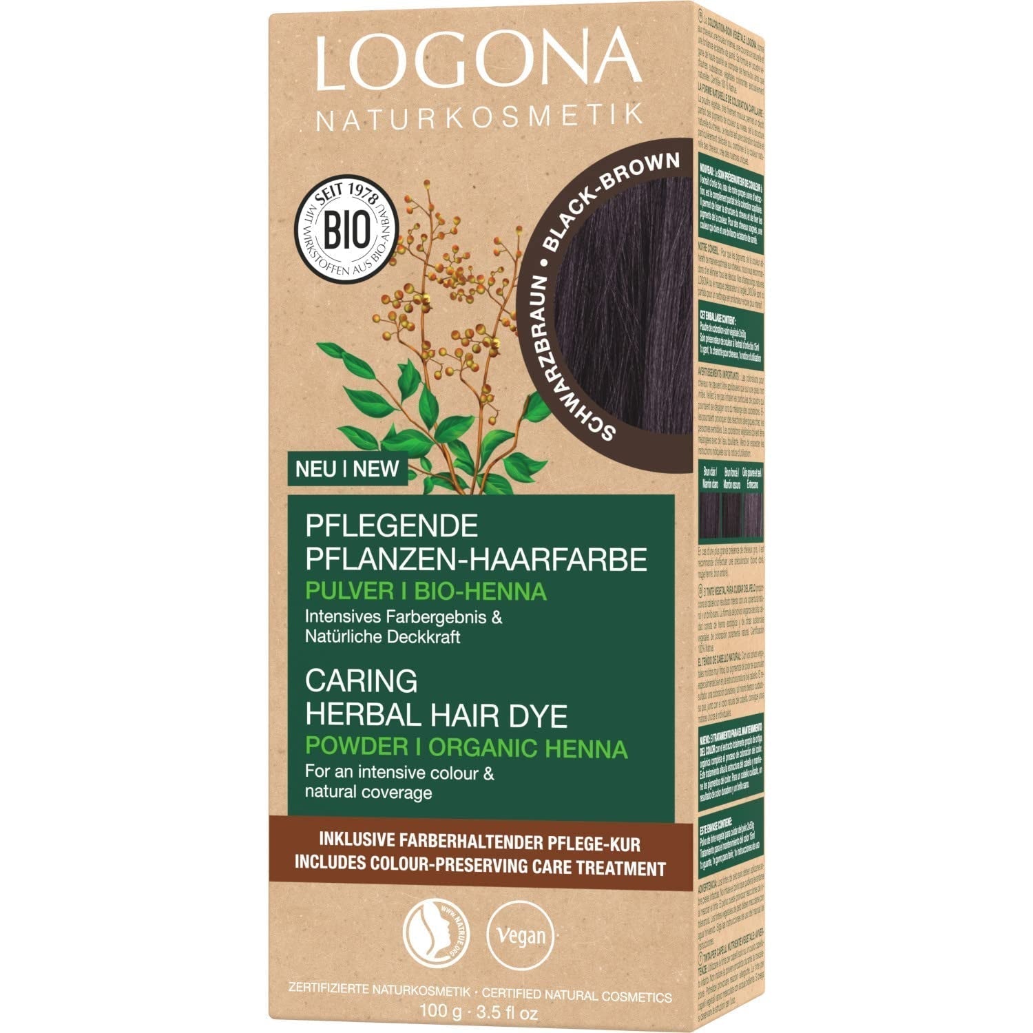 LOGONA Natural Cosmetics Vopsea de păr hrănitoare pe bază de plante, vopsea de păr vegană pudră cu henna organică pentru culoare intensă și strălucire, vopsea de păr pe bază de plante în blond cupru (blond), 1 x 100g Vopsea pentru par Naty Shop Negru-maro 100 G (1 pachet)