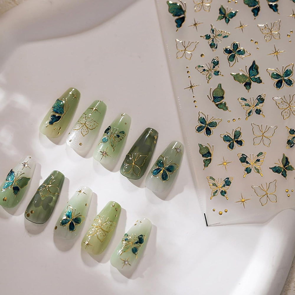 2 Blätter 5D Schmetterling Nagelsticker Selbstklebend, Nagelsticker Gold Rand, Nagel Designing Zubehör, Nail Art Stickers, Schmetterlinge Deko Nagelaufkleber, Nageltattoos