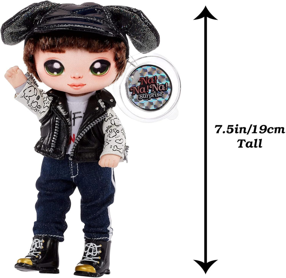 Na Na Na Surprise 2-in-1 Soft Modepuppe & Metallic Purse Glam Serie - Sammlerpuppe - Boy-Puppe mit Braunen Haaren és Mütze mit Hunde-Ohren und einer Welpen Tasche - Maxwell Dane