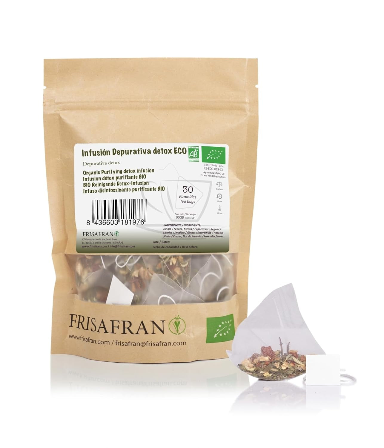 FRISAFRAN | Ceai verde organic Mint Gunpowder în piramide 30 unități | 60G | Antioxidant | Ceai verde japonez | Digestiv | Băutură răcoritoare | Infuzie de mentă | Ceai pur | Frunze de mentă | Cald-rece