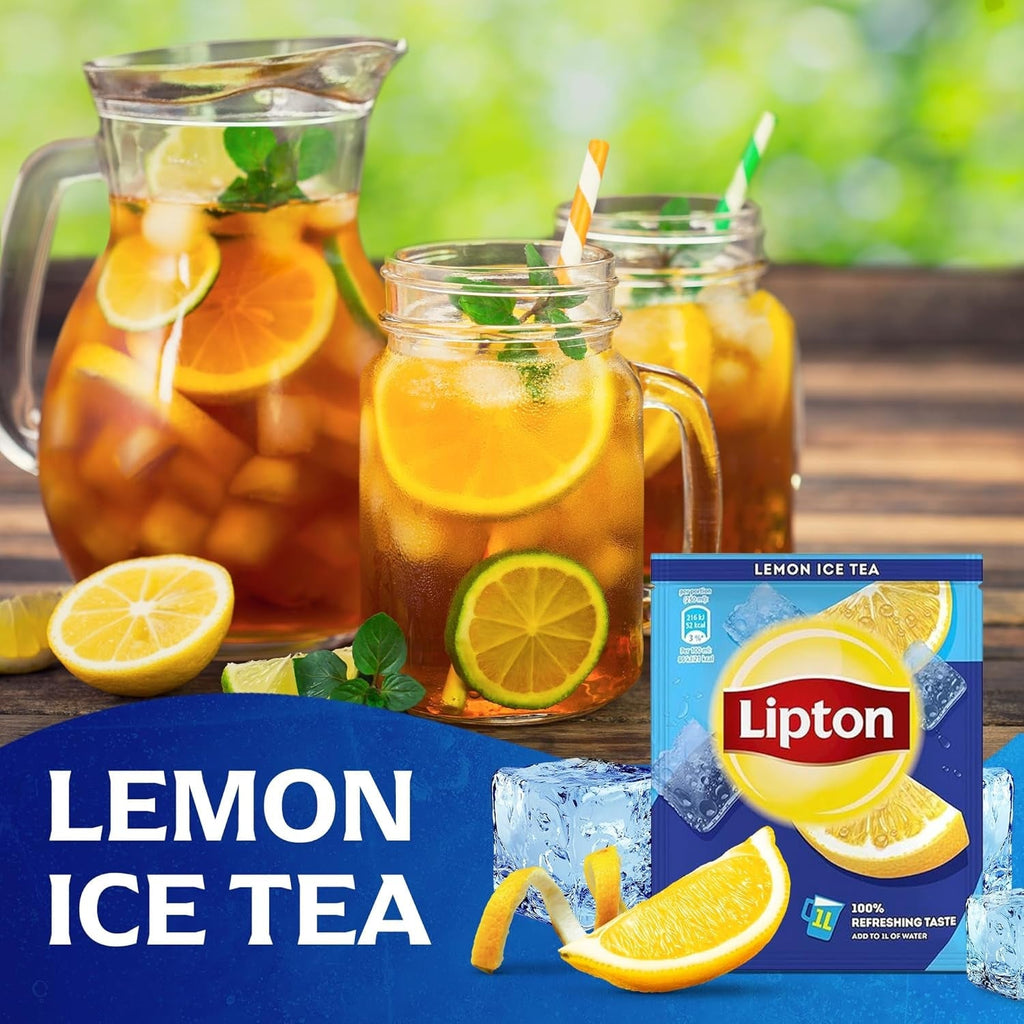 Set de ceai rece Lipton, „Lămâie”, răcoritoare pentru întreaga familie, 18 pliculețe, sub formă de pulbere pentru preparare acasă