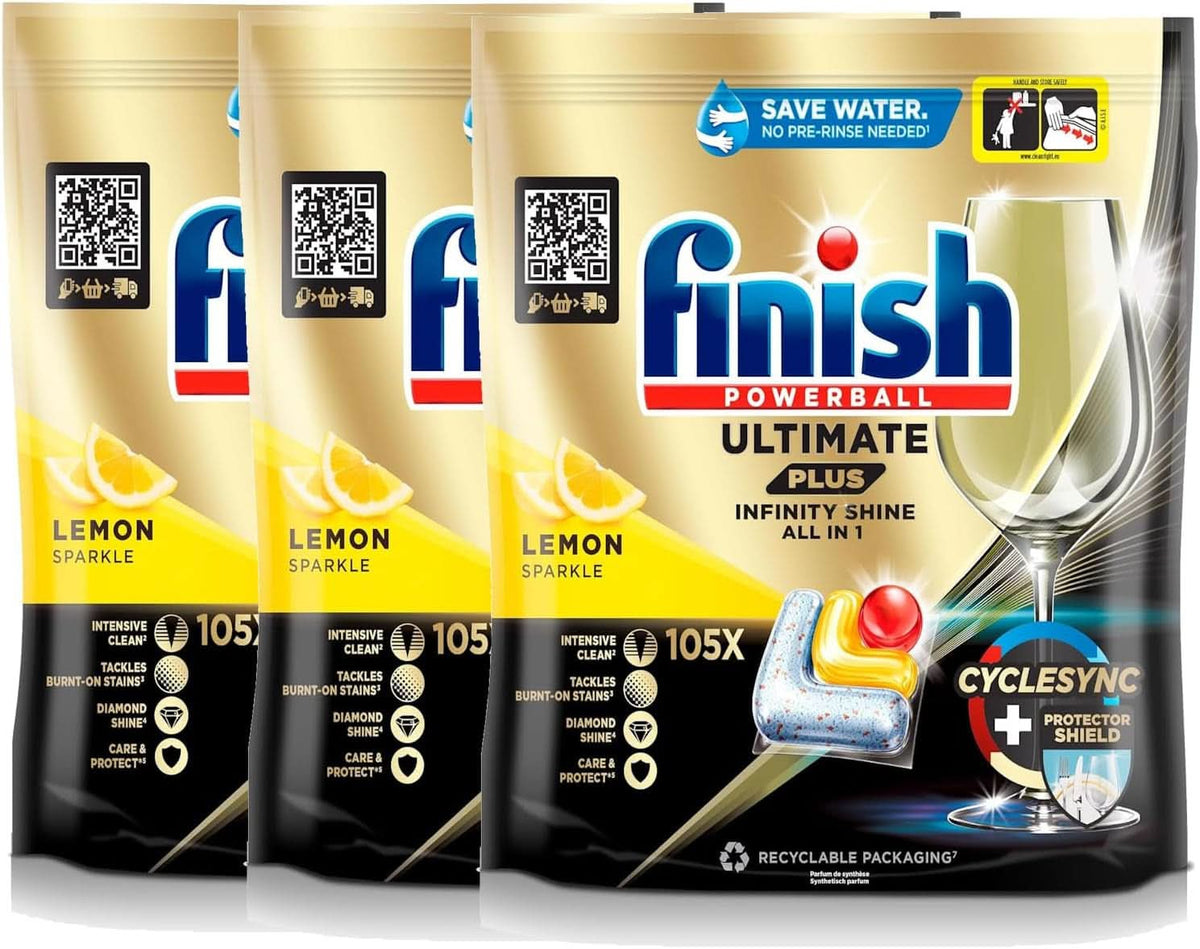 Finish Ultimate plus Infinity Shine Citrus mosogatógép fülek - Tabletta mosogatógéphez, intenzív tisztítás - 105 kapszula, citrom Naty Shop szett 3 x 105 kapszula