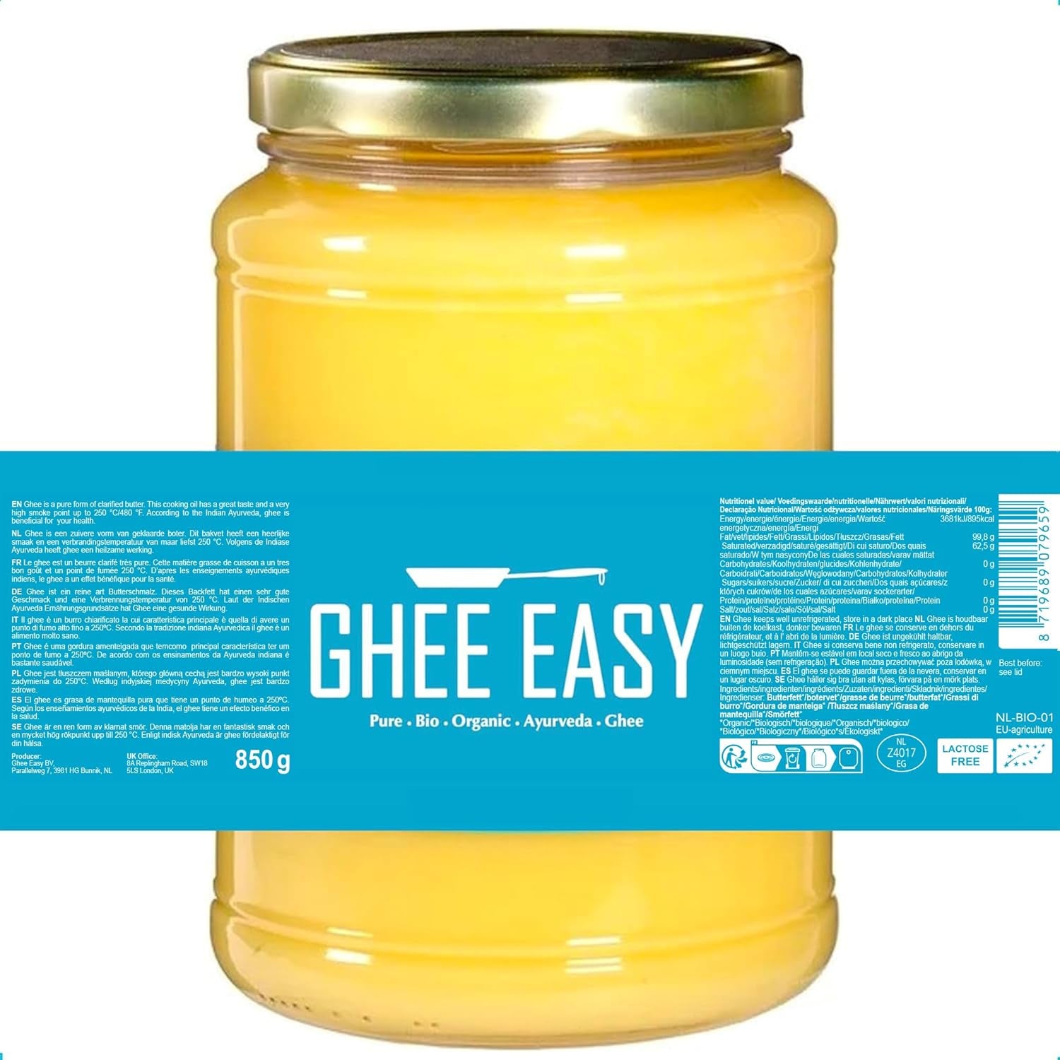 Ghee Easy 850g Ghee Bio von Grasgefütterten Kühen - Ghee Butter ohne Zusatzstoffe - Zertifiziert Organisch & Biologisch - Hochreines Ayurveda Ghee ohne Laktóz és glutén - 100% Europäisch