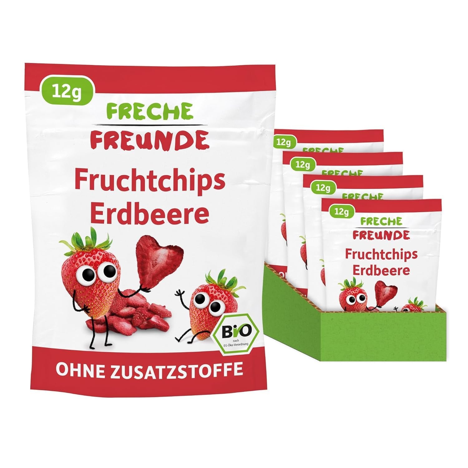 FRECHE FREUNDE bio epergyümölcs chips, fagyasztva szárított gyümölcs chips, természetes szeletelt szárított gyümölcs hozzáadott cukor nélkül, vegán, laktózmentes, gluténmentes, 12 db-os kiszerelés (12 x 12 g)