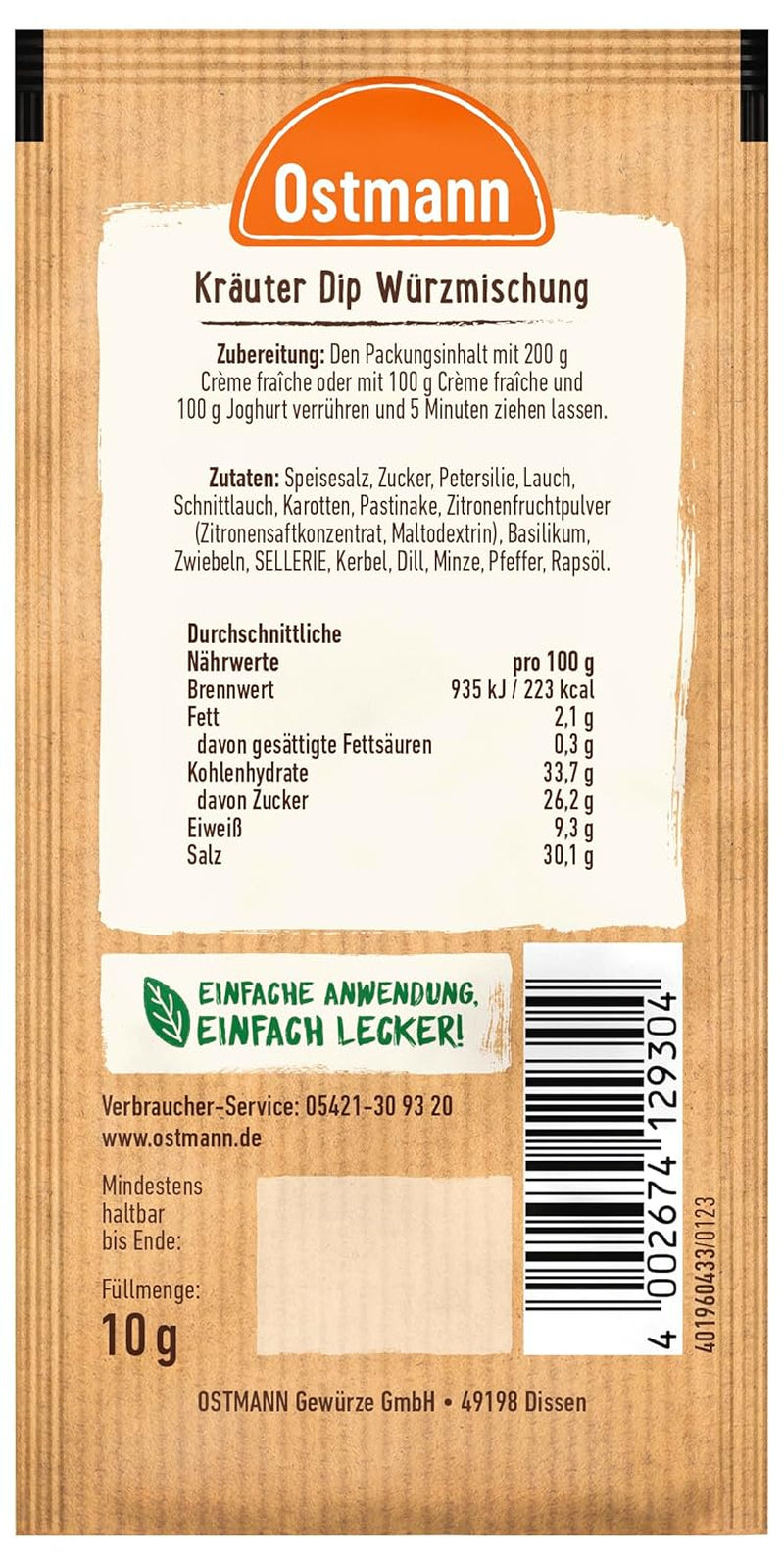 Ostmann Gewürze – Kräuter Dip, aromás Gewürz für leckere Dips und Soßen zu Snacks, Chips, Brot, Fleisch, Gemüse und vielem more, 10 g