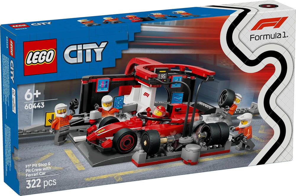 LEGO City F1 boxkiállás csapattal és Ferrari Speedsterrel - Forma 1 boxkiállás készlet 1 versenyzővel és 4 mechanikus minifigurával - Versenyautó játék fiúknak és lányoknak 6+ - 60443 Építőkészletek Beuche den LEGO-Store