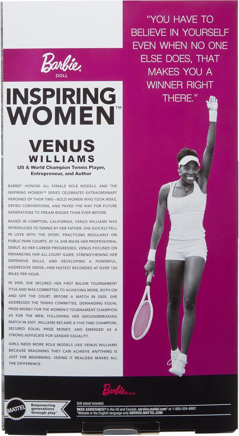 Barbie Inspiring Women Series, Venus Williams Modepuppe mit charakteristischer Tennis-Uniform und Schläger, inklusive ausstellbarer Verpackung, HRM49