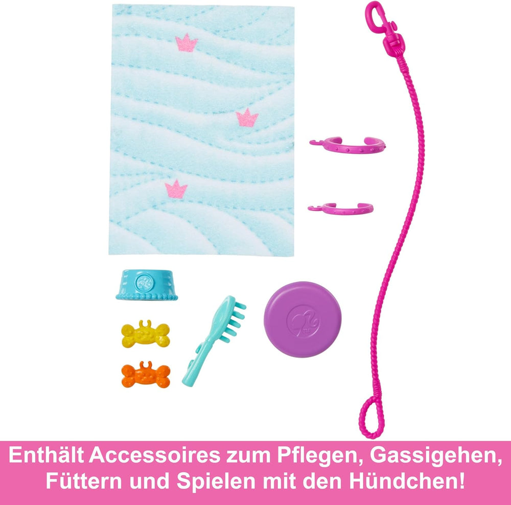 Păpușa Barbie Dog Duo și accesorii, inclusiv cățeluș și câine mare cu scaun cu rotile, lesă, bol cu hrană, pat pentru animale și recompense cu oase, pentru copii cu vârsta de 3 ani și peste, HTK37