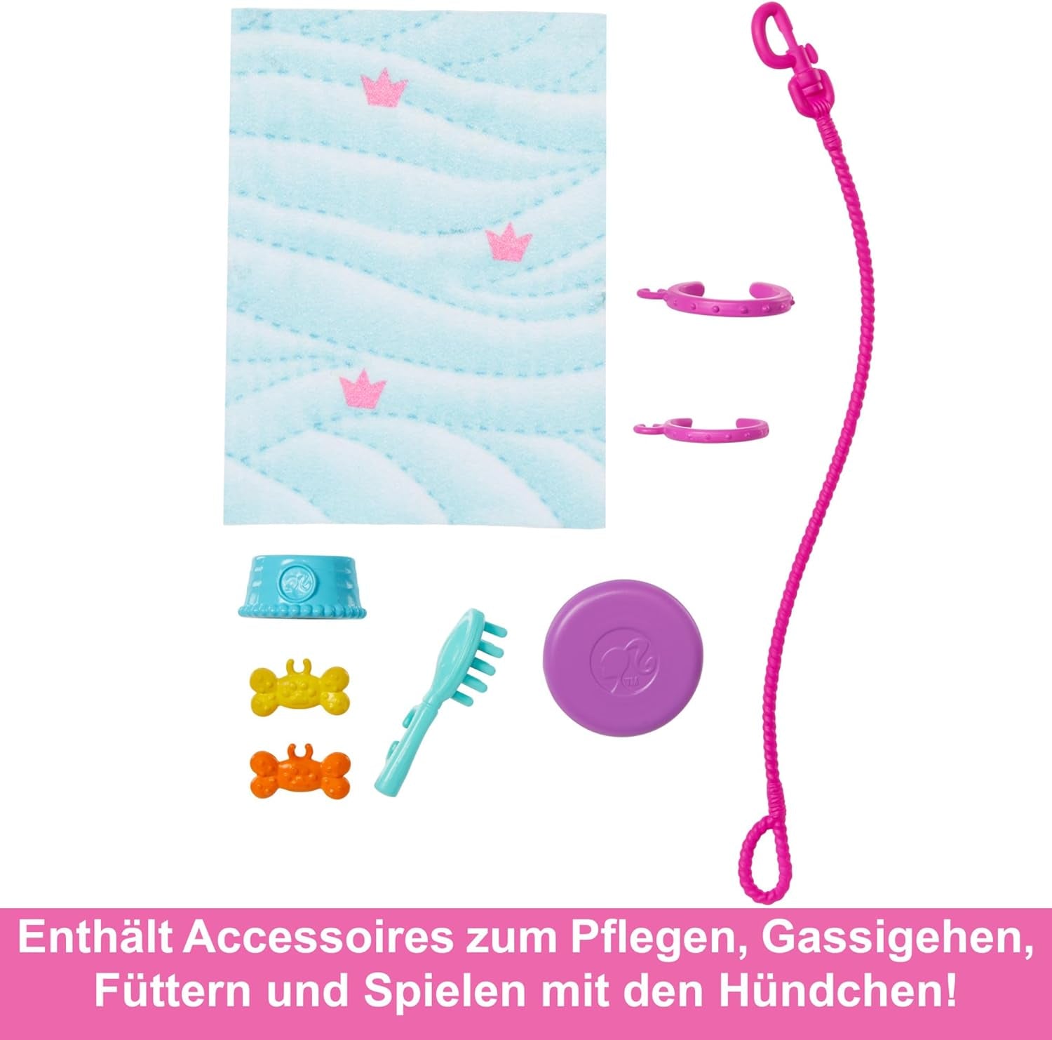 Barbie Hundeduo Puppe und Zubehör, inklusive Hündchen und großem Hund mit Rollstuhl, Leine, Fressnapf, Tierbett und Knochenleckerlis, für Kinder ab 3 Jahren, HTK37