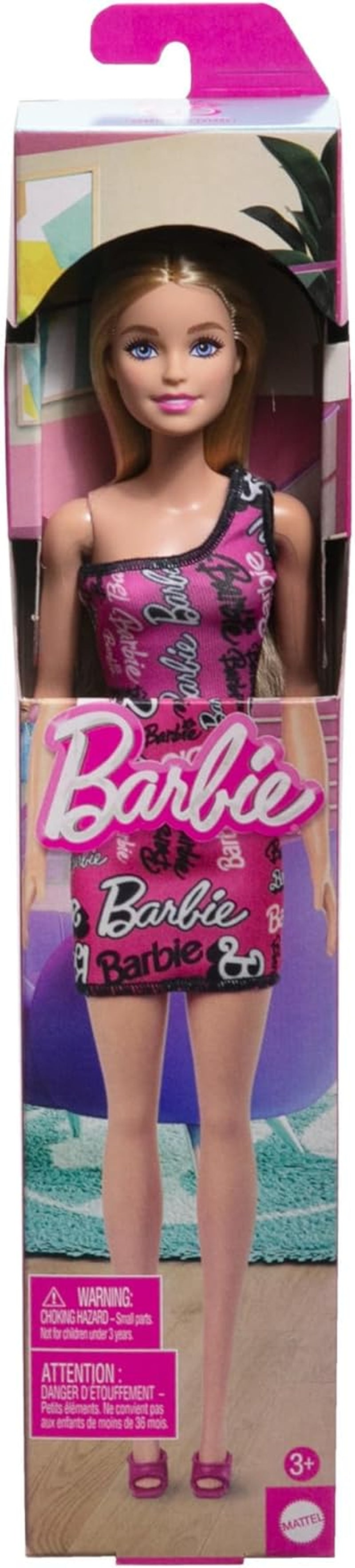 Barbie divatbaba egyenes szőke hajjal, rózsaszín vállnyúlós ruhában és logóval nyomott cipőben HRH07 Naty Shop babák