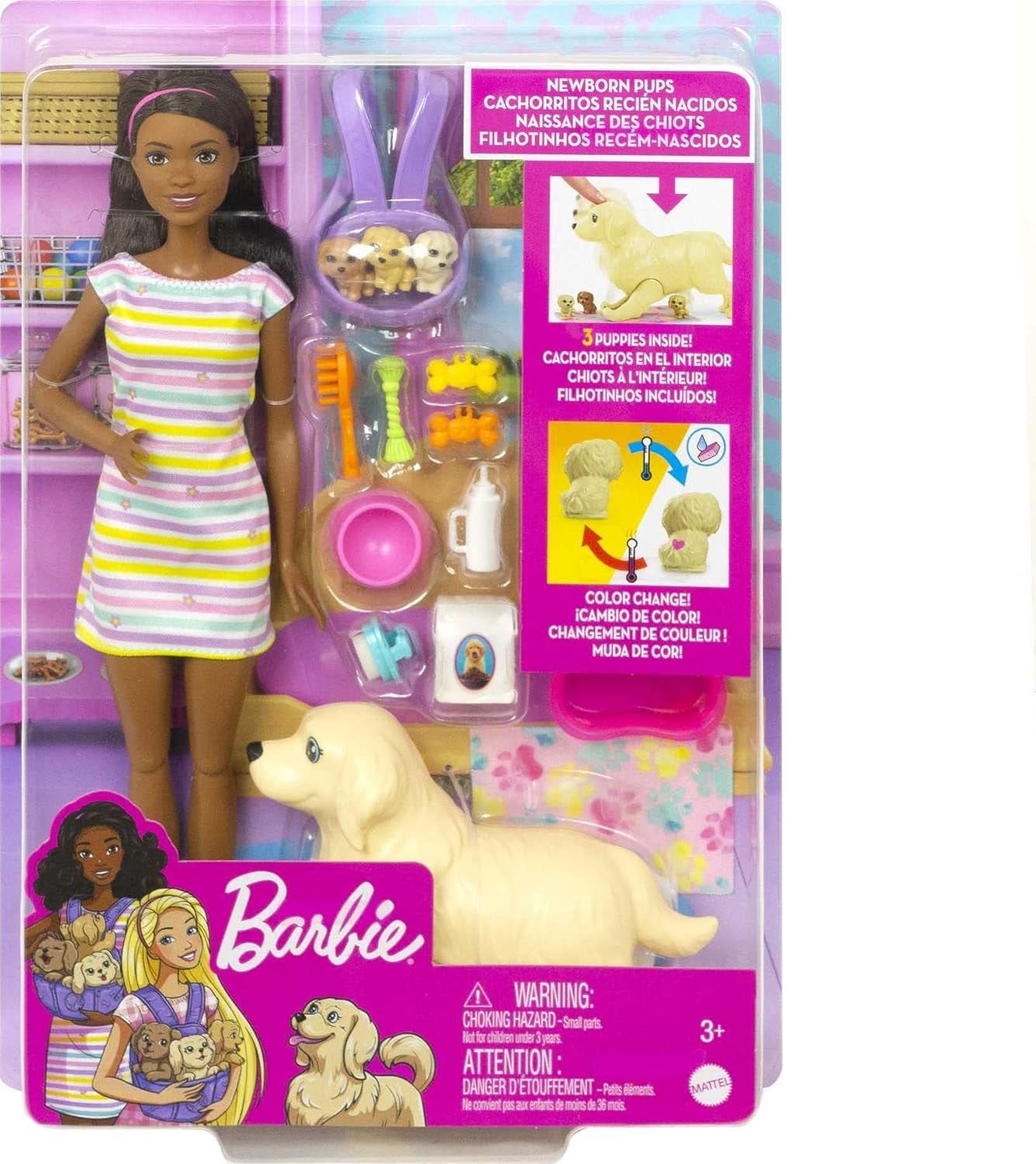 Barbie HCK76 - Welpen-Spielset mit Barbie-Doll (kb. 29 cm, sötétbarna haj), Hündin, die Welpen gebären kann, 3 Welpen & Pflegezubehör, Spielzeug Geschenk für Kinder von 3 bis 7 Jahren
