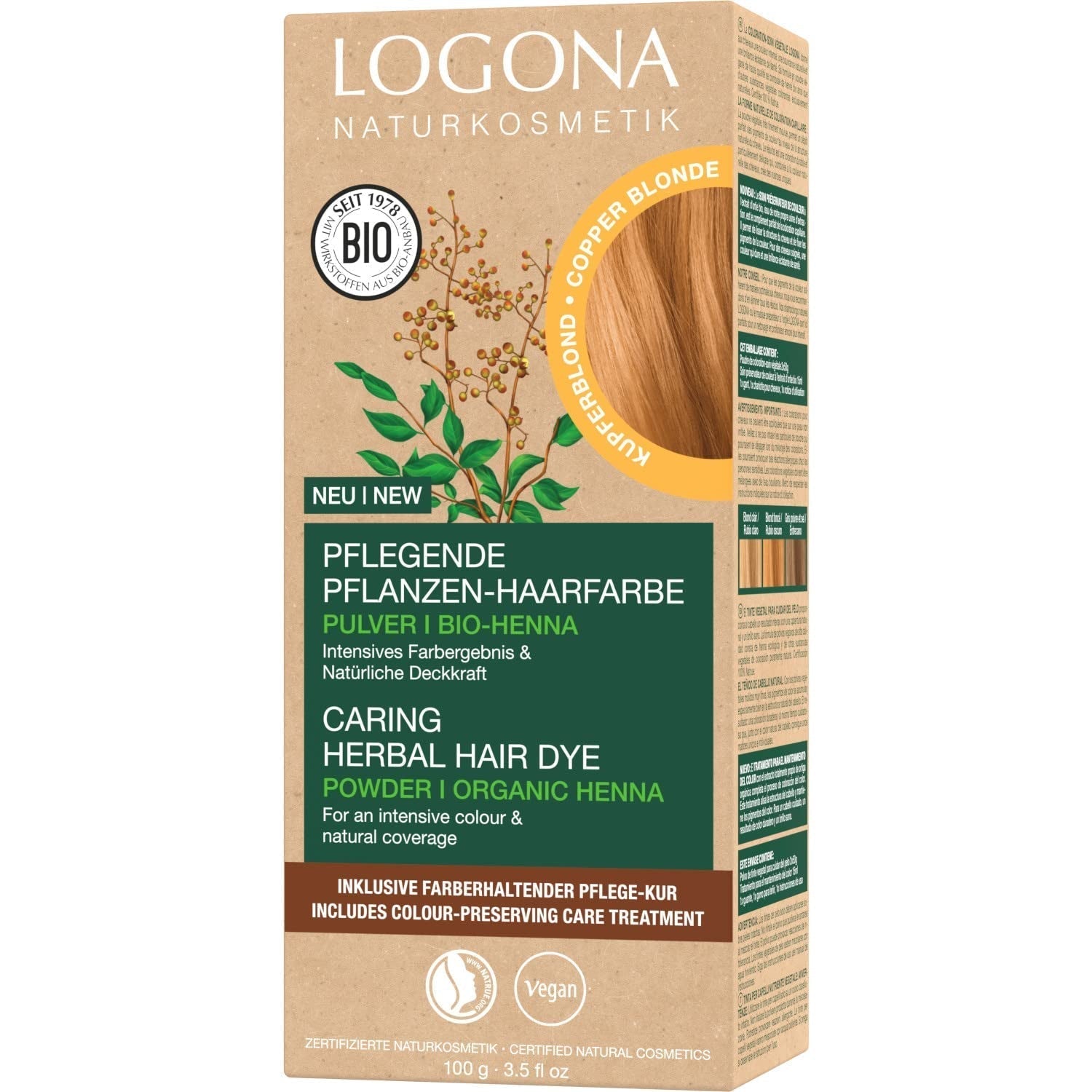 LOGONA Natural Cosmetics Vopsea de păr hrănitoare pe bază de plante, vopsea de păr vegană pudră cu henna organică pentru culoare intensă și strălucire, vopsea de păr pe bază de plante în blond cupru (blond), 1 x 100g Vopsea pentru par Naty Shop Blond cupru 100 G (1 pachet)