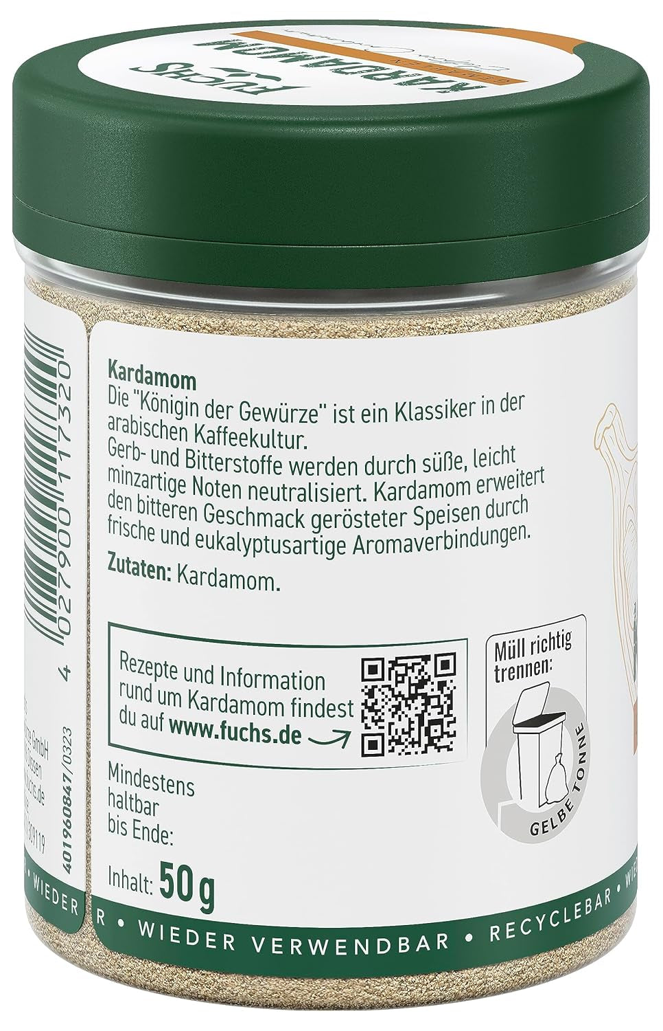 Fuchs Gewürze - Kardamom gemahlen - Gewürz für Glühwein oder Fleischgerichte wie Roastbeef oder Schweinebraten - természetes összetevők - 50 g wiederverwendbarerben, recyclebarer Dózis