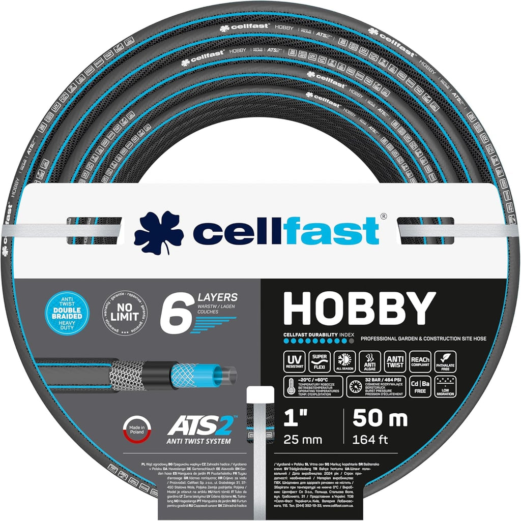 Furtun de grădină CELLFAST, furtun de apă cu 6 straturi, furtun de irigare din material textil cu împletitură dublă, rezistent la UV, anti-alge, furtun flexibil, 32 bar, 1 inch, 25 metri, Hobby