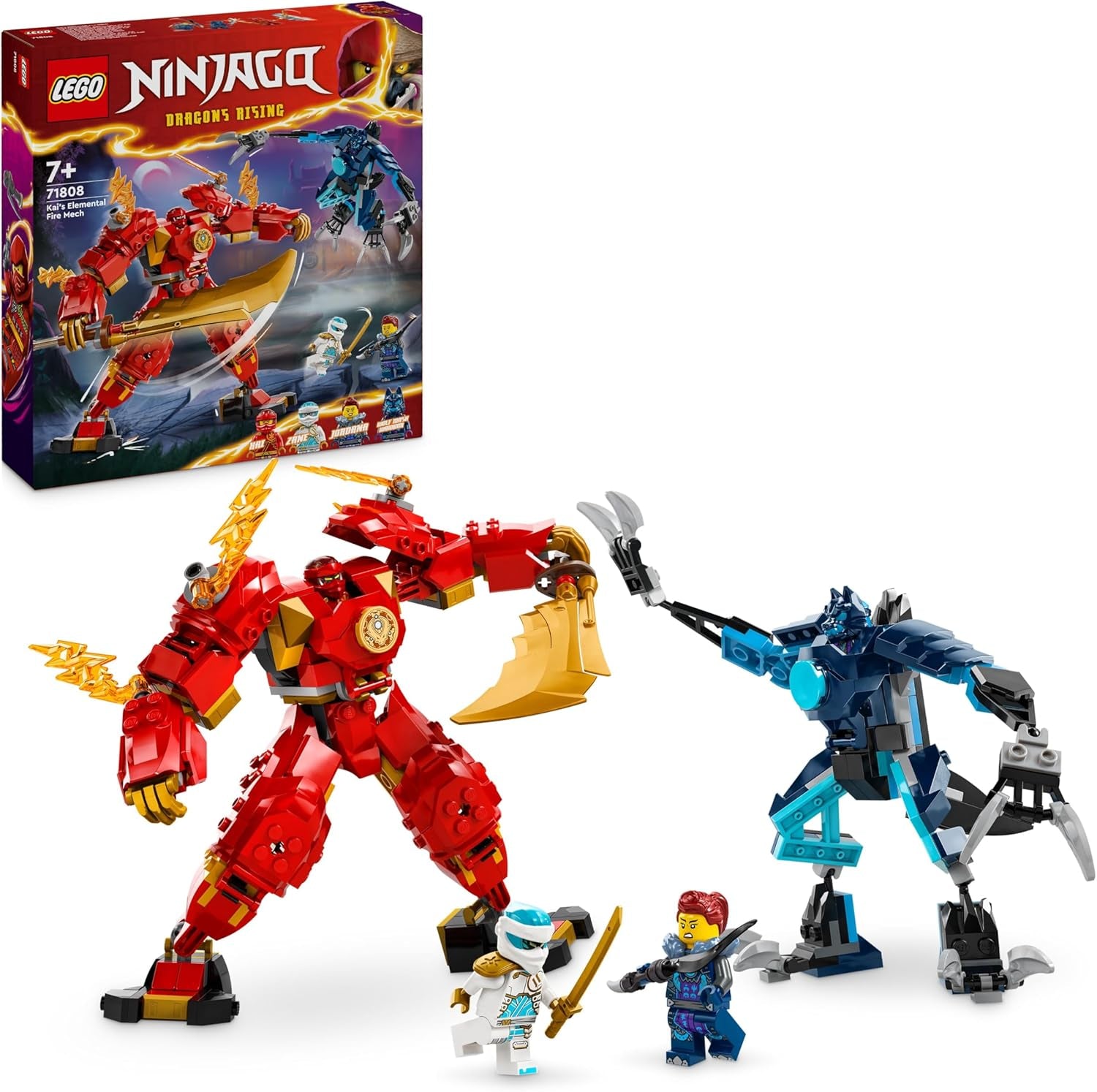 LEGO NINJAGO Kais Feuermech, Actionfiguren-Spielzeug für Kinder mit roter Mech-Figur zum Umgestalten, Ninja-Set mit 4 Figuren inkl. Kai és Zane, ajándék 7 éves fiúknak és lányoknak 71808