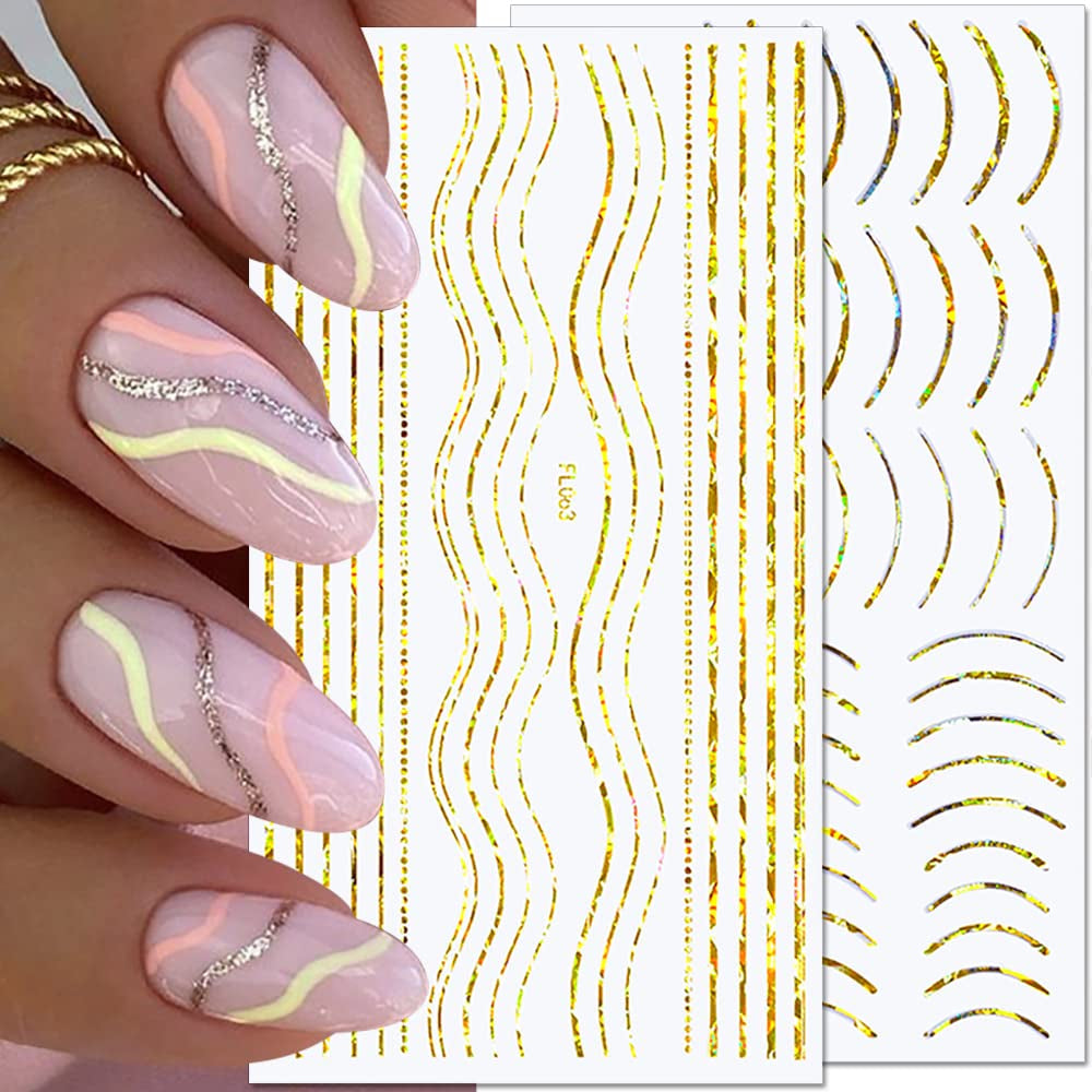 12 foi cu laser sclipici linii autocolante unghii autoadezive autocolante holografice dungi bronz autocolante unghii linie franceză arcuri curbe linii ondulate autocolante unghii accesorii Nail Art