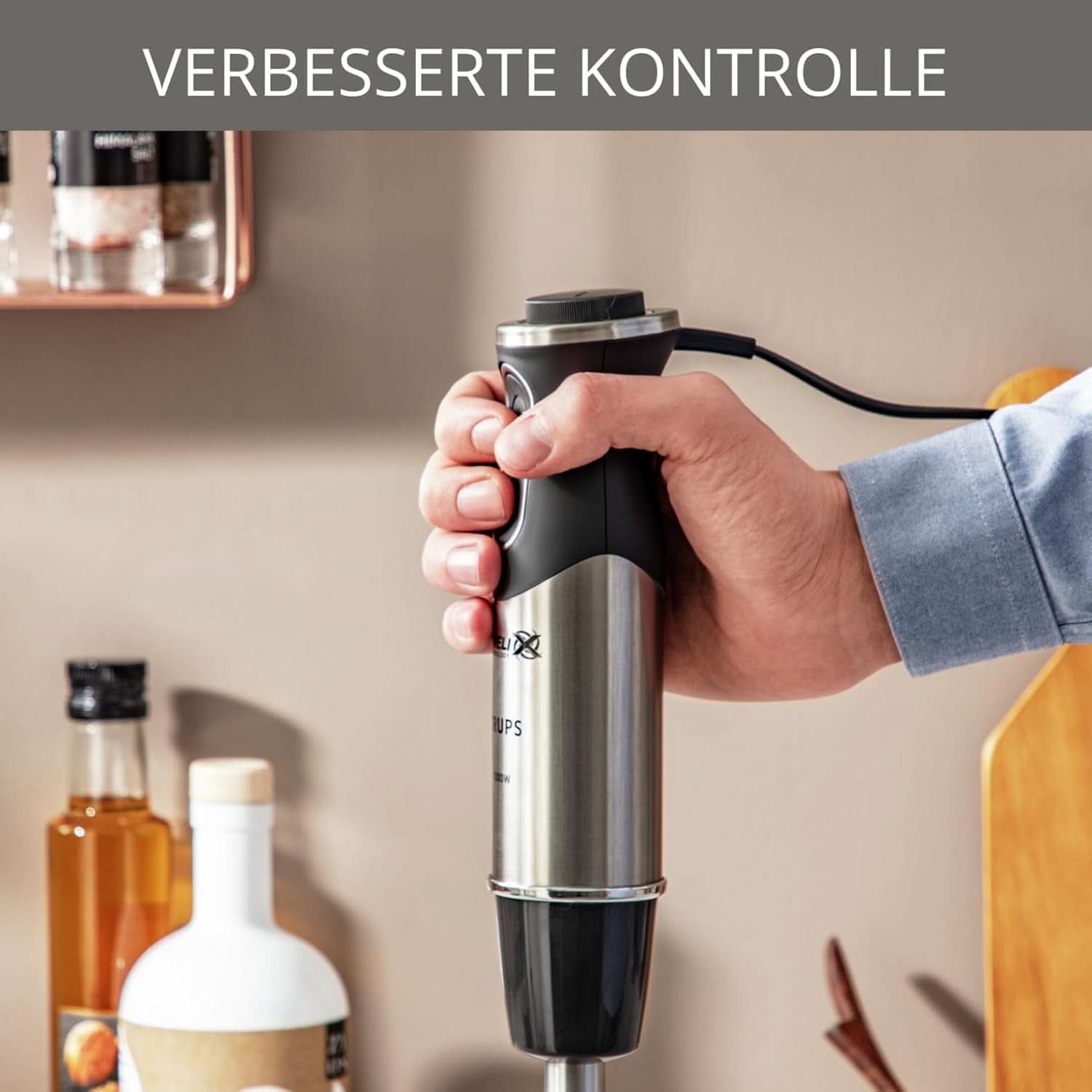 Krups Perfect Mix állványkeverő HZ6568 | Turmixgép | 1000 Watt | Edelstahlfuß | 4 Extra Scharfe Messer | Powelix Technologie | Schneebesen | 500 ml Zerkleiner | 800 ml Messbecher | Schwarz/Silber Kitchen Naty Shop