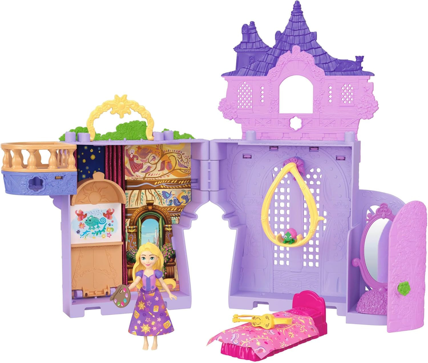 Mattel Disney Prinzessin Verwandlungs-Spielset Kutsche zu Schloss mit kleiner Puppe Aurora, 3 Ebenen, 6 Spielbereichen, 4 Figuren, Möbeln & Zubehör HWX17